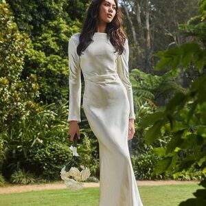 Loveland Cowl Back Midi Dress Oyster Satin Long Sleeves Small 8